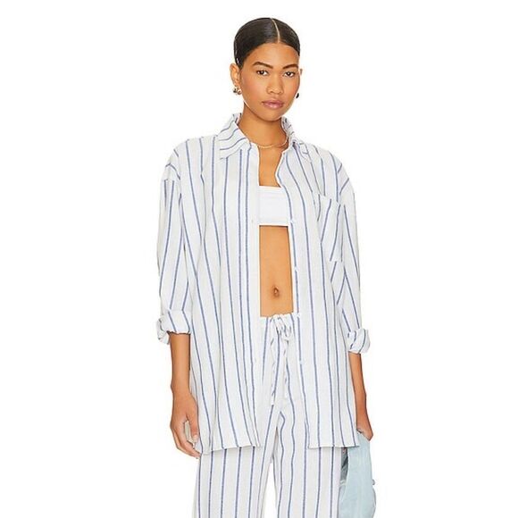 SNDYS Revolve Isla Shirt white Blue Stripe blouse quiet luxury Resort NWT M - Picture 4 of 10